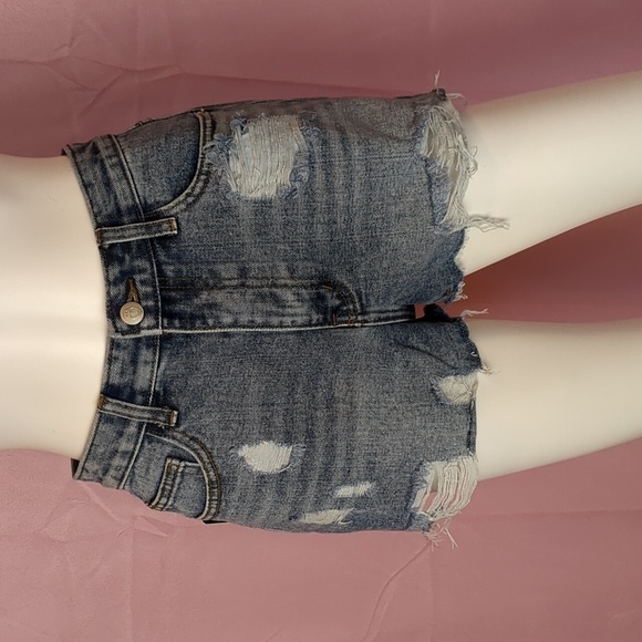 Nasty Gal Rip Em Off Distressed Denim Shorts in Mid Blue Wash - Picture 1 of 5